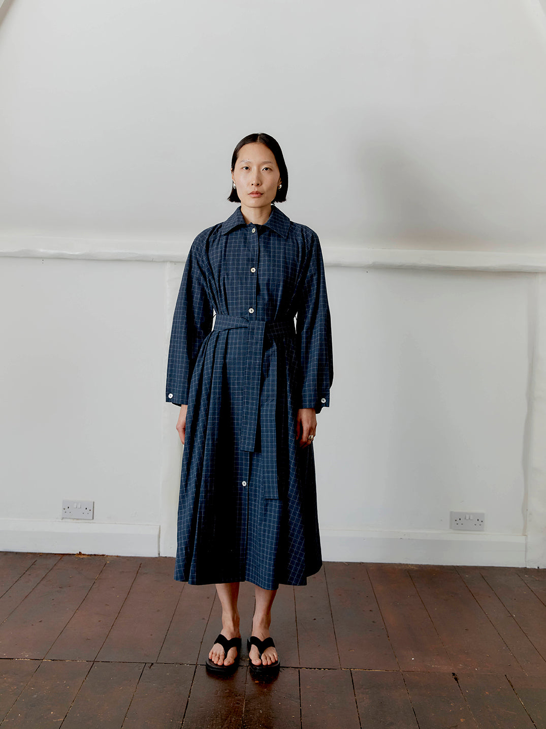 Japanese Cotton Seersucker Kit Dress Navy Check