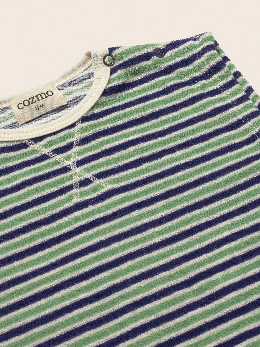 Corey Blue Green Striped Terry Jumpsuit