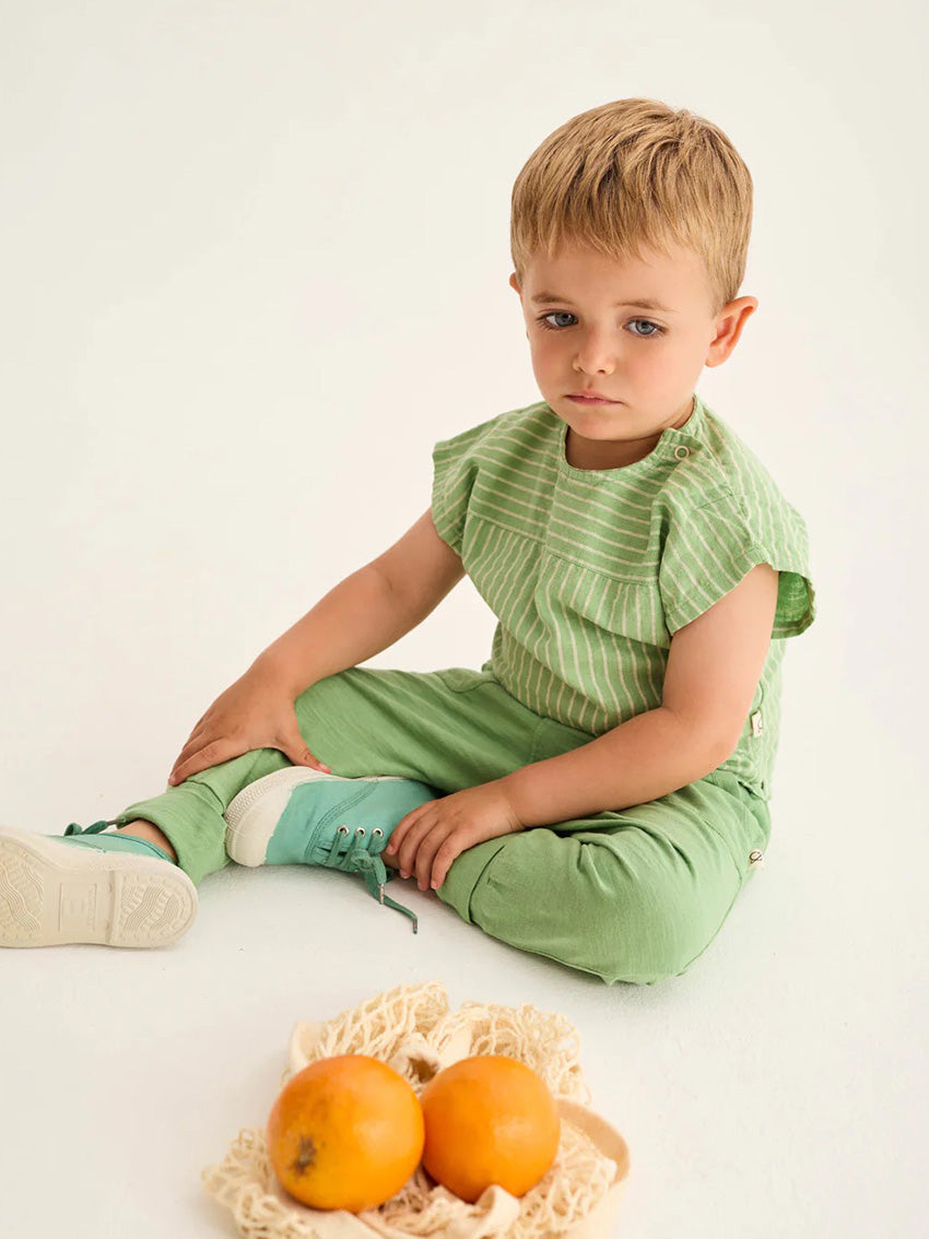 Land Green Striped Linen Baby Shirt