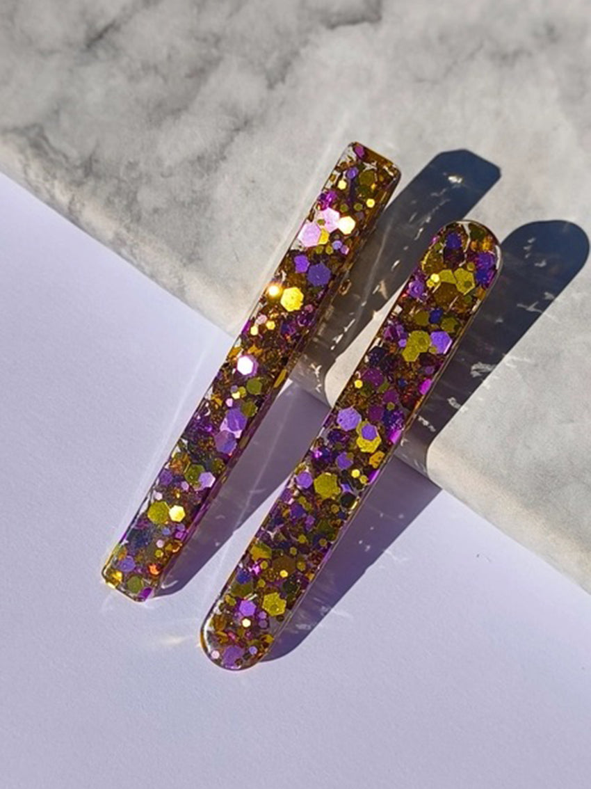 Minimal Set of 2 Resin Hair Clips Glitter Royal