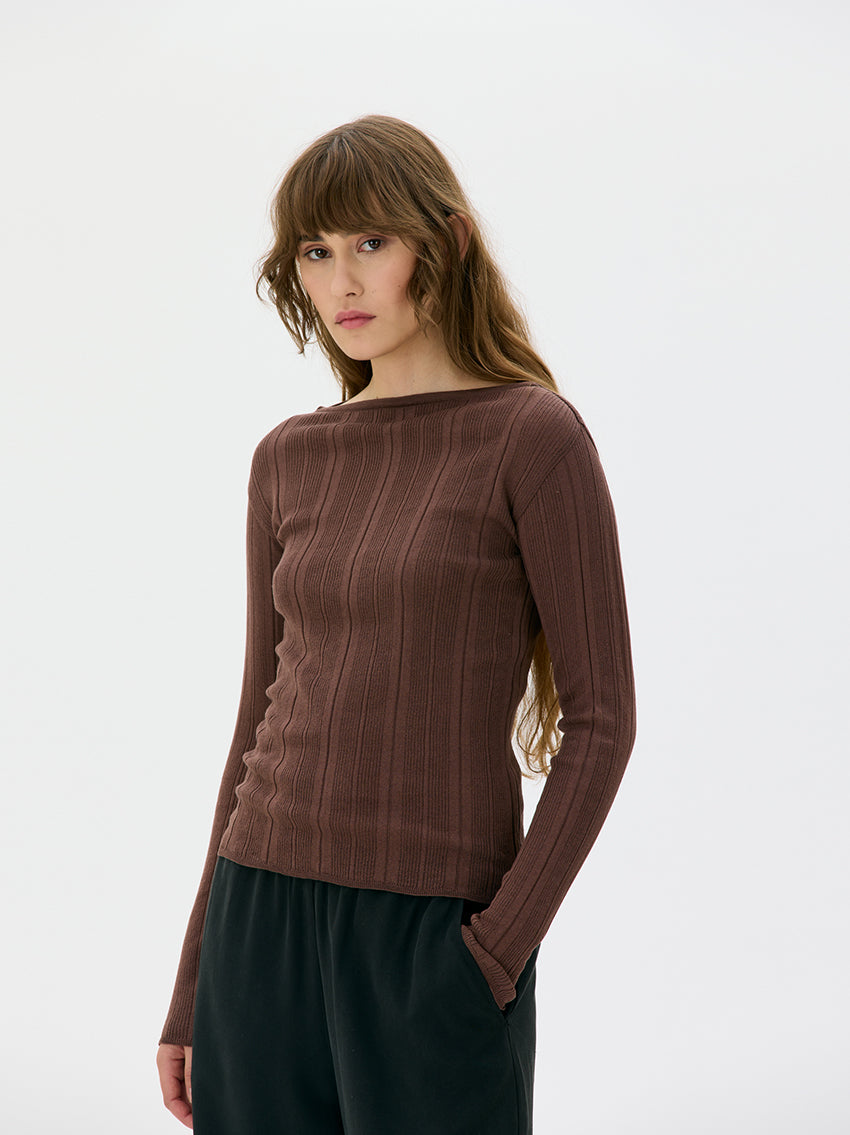 Minna Ribbed Long Sleeve Top Hickory Brown