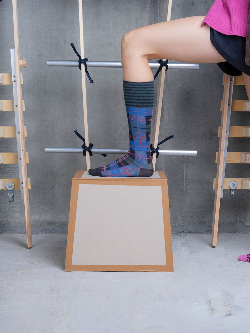 Ribbit Knee Socks Green Blue Dashed Checks