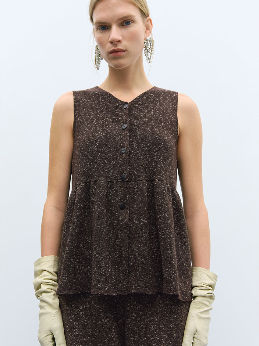 Flecked Cotton Peplum Top Brown