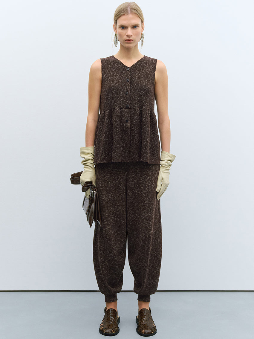 Flecked Cotton Peplum Top Brown
