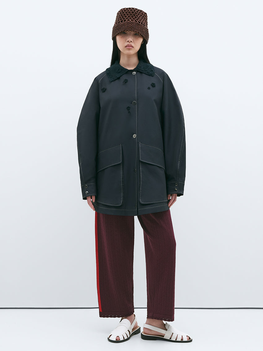 Short Trench Flowers Crochet Navy