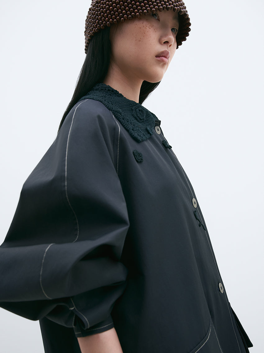 Short Trench Flowers Crochet Navy