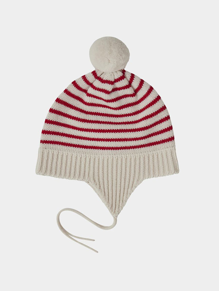 Baby Pompom Hat Ecru/Red