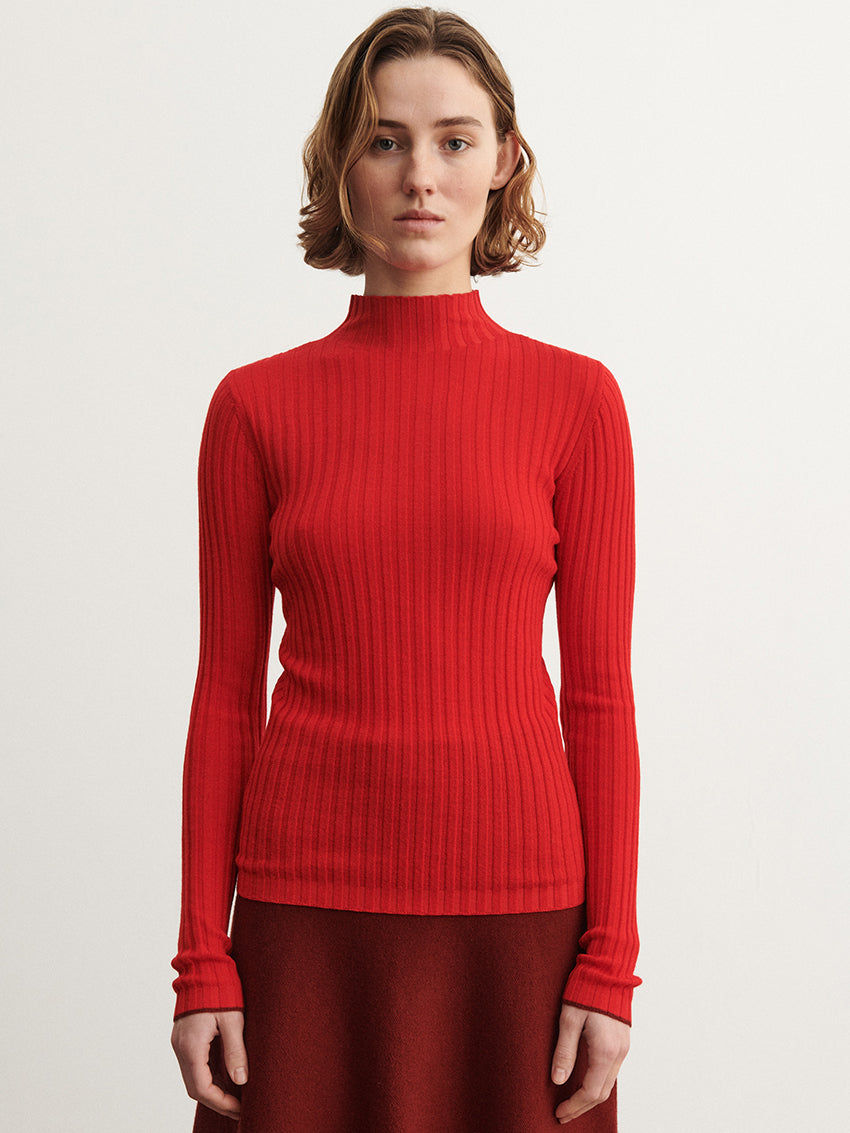 High Neck Rib Blouse Signal Red