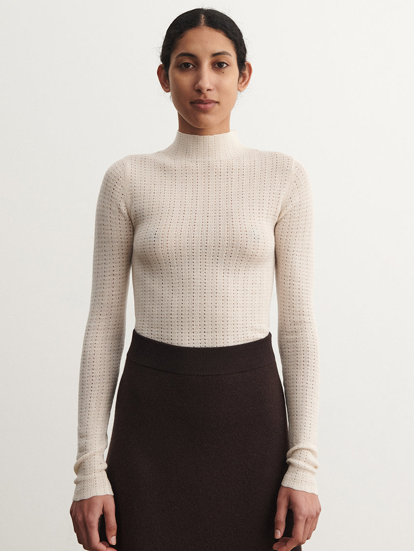 High Neck Pointelle Top Ecru