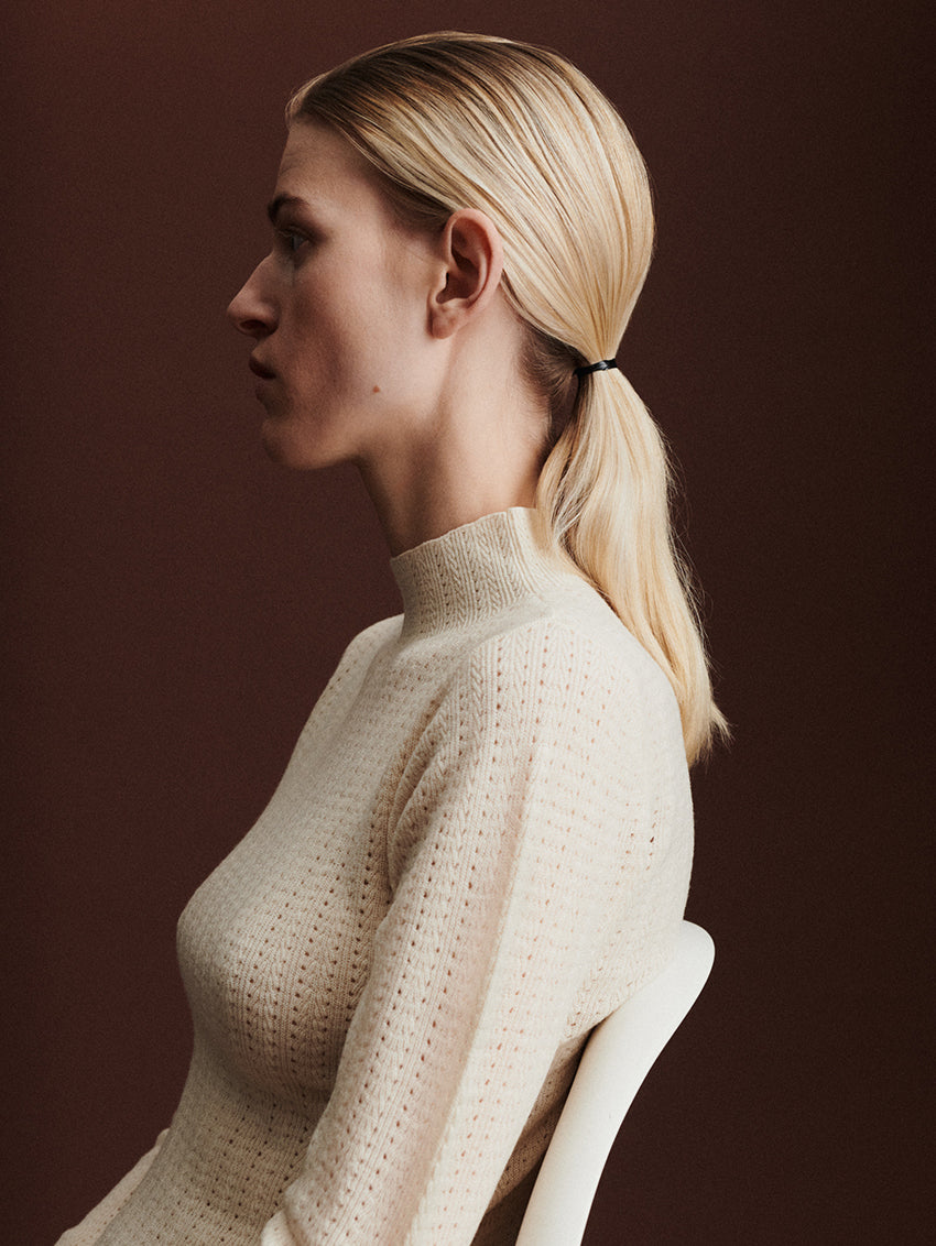 High Neck Pointelle Top Ecru