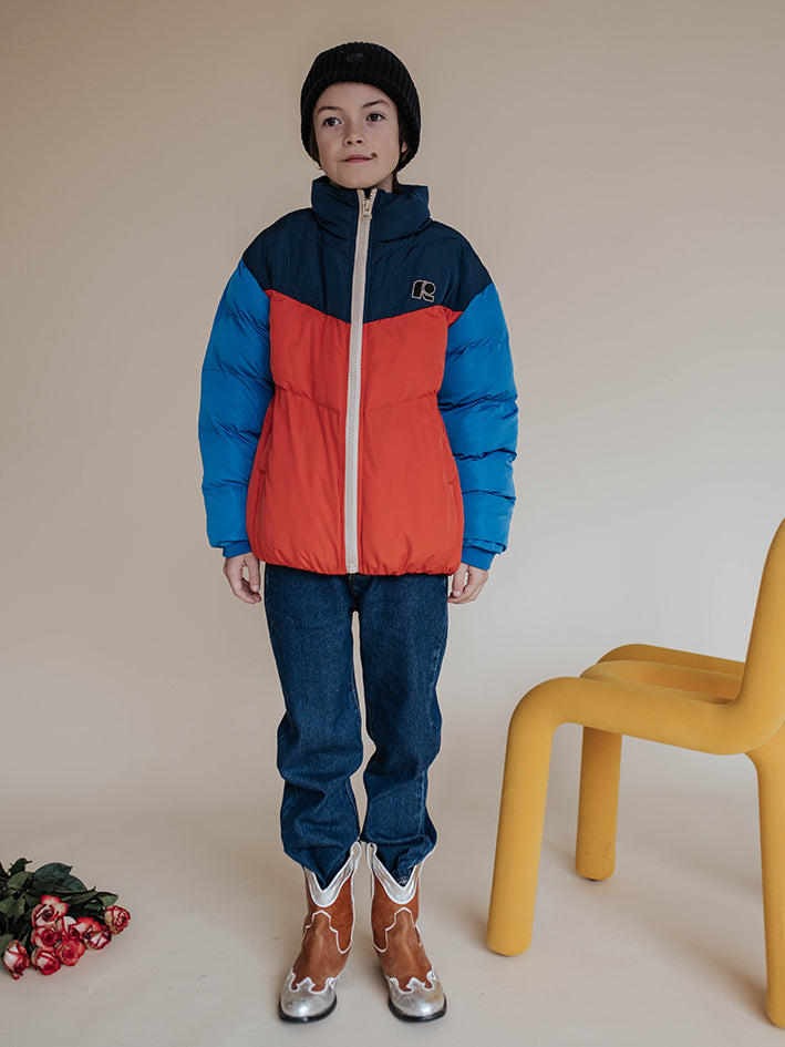 Puffer Coat Red Blue Block