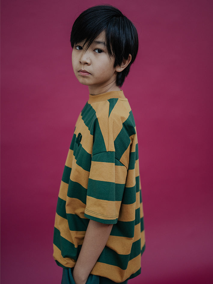Boxy Tee Shirt Gold Country Green Stripe