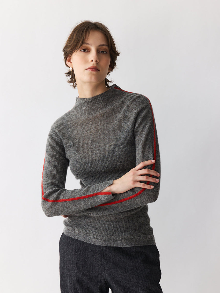 Ultralight Merino High Neck Top Grey Red