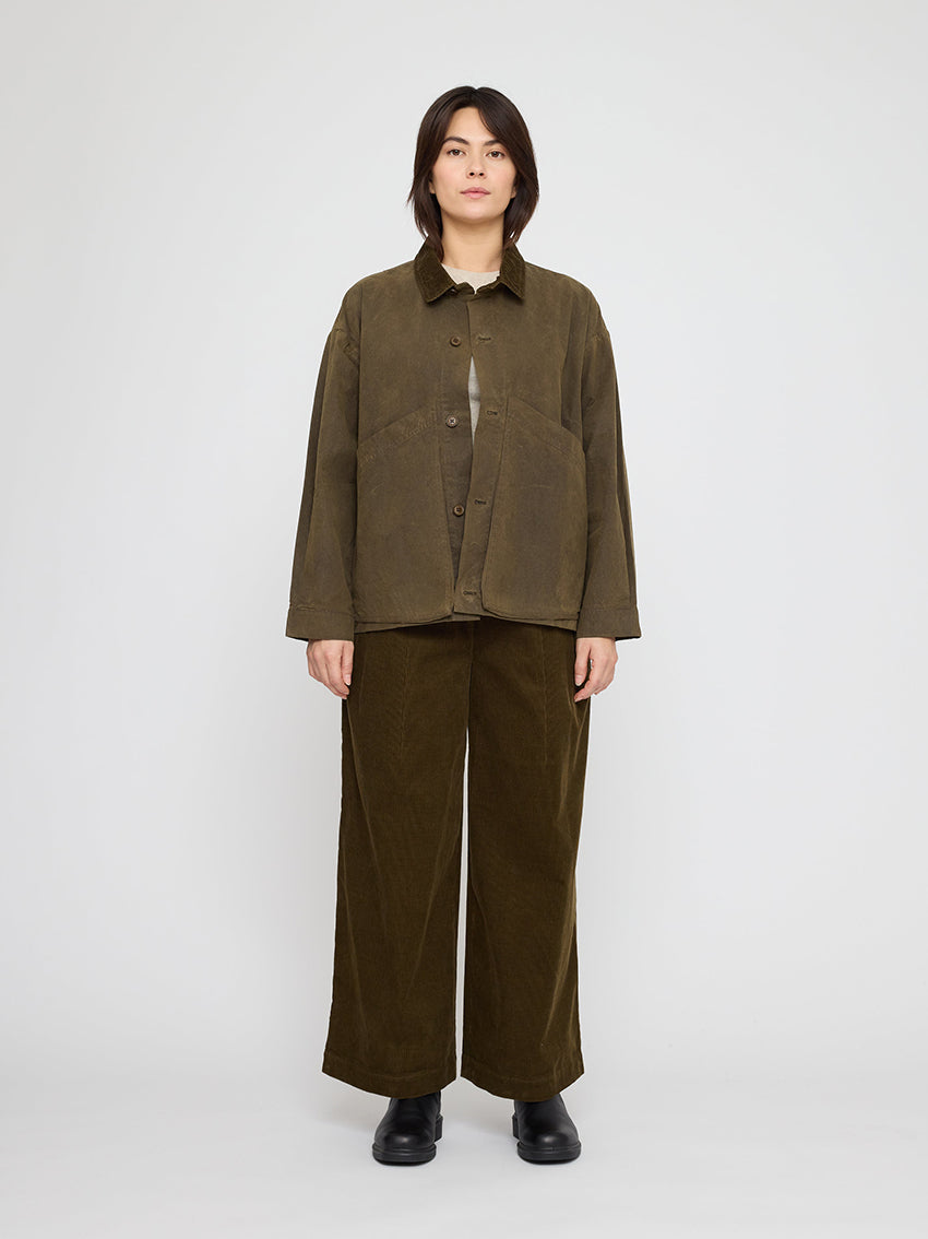 Panel Pockets Shirt Jacket Waxed Cotton Olive Brown