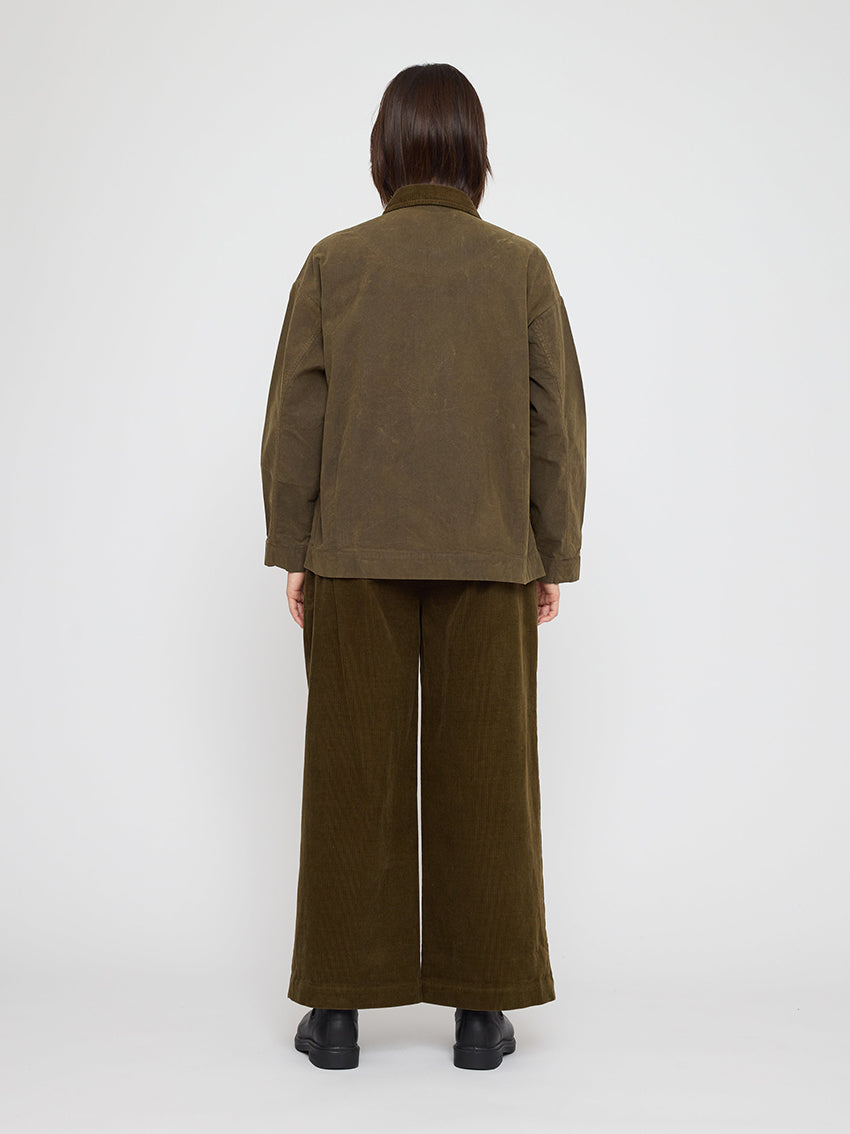 Panel Pockets Shirt Jacket Waxed Cotton Olive Brown