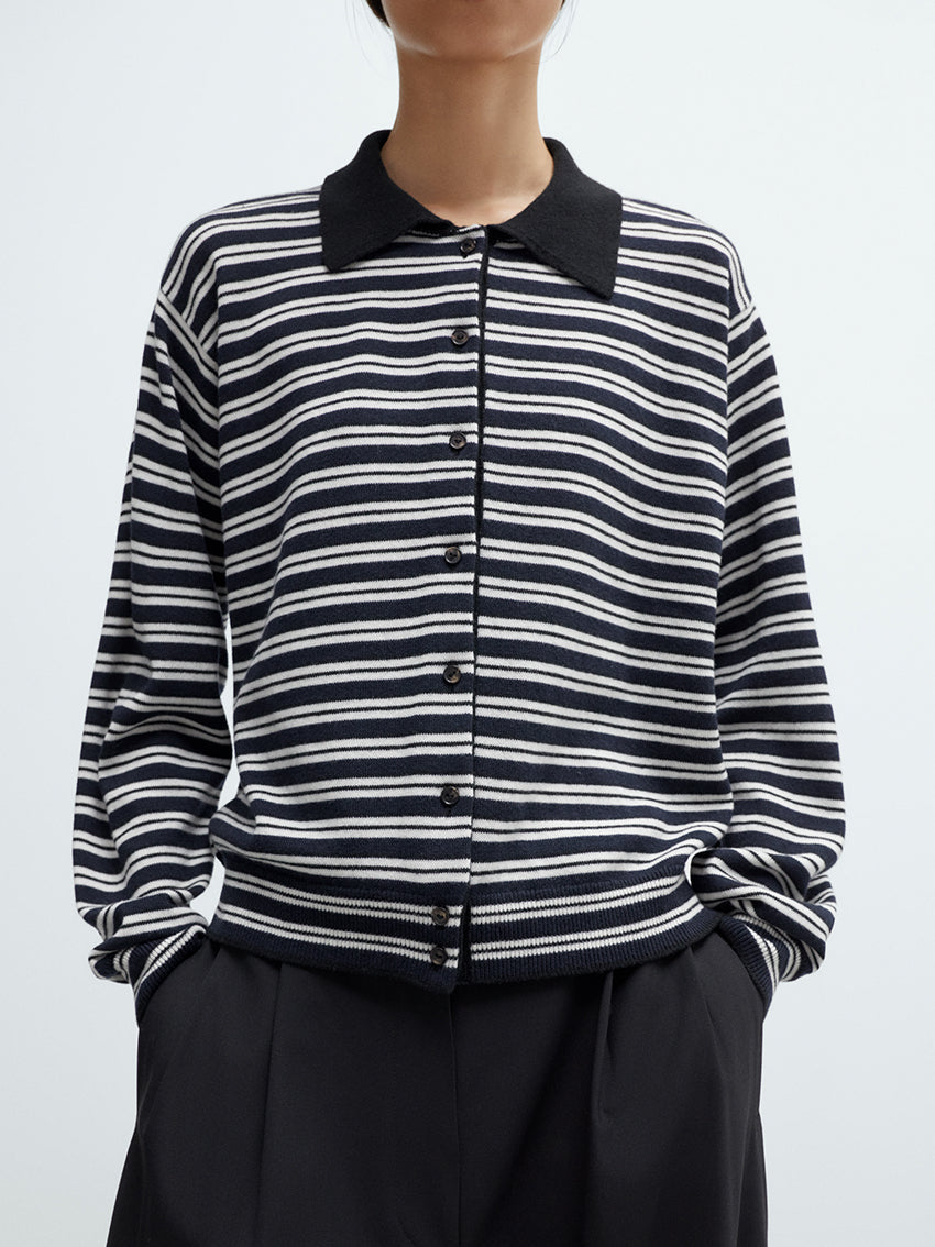 Merino Wool Striped Polo Cardigan