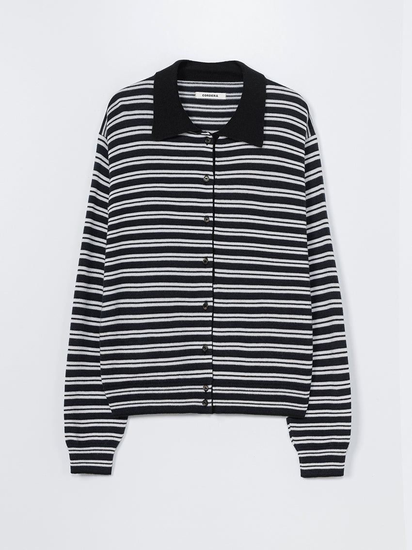 Merino Wool Striped Polo Cardigan