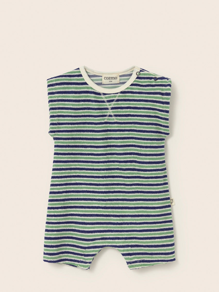 Corey Blue Green Striped Terry Jumpsuit