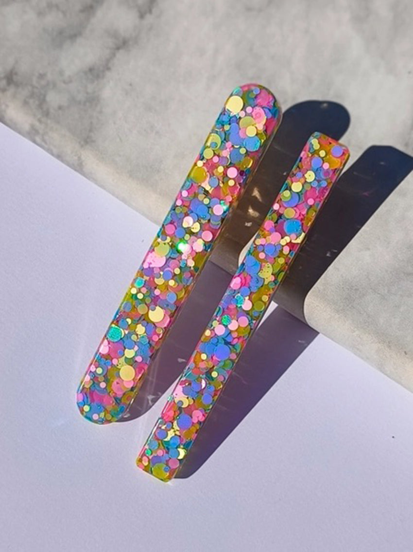 Minimal Set of 2 Resin Hair Clips Sprinkles Yellow Pink