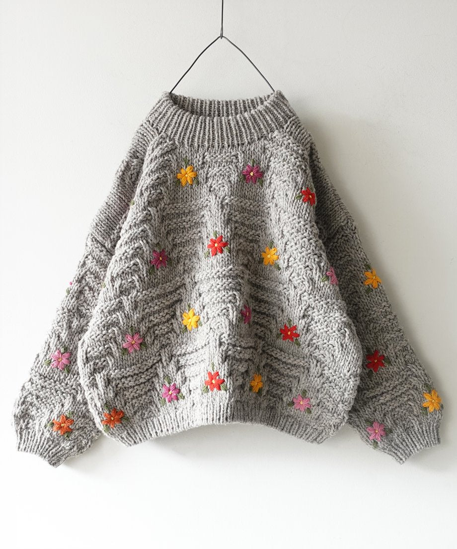 Hand Knit Flower Sweater Grey