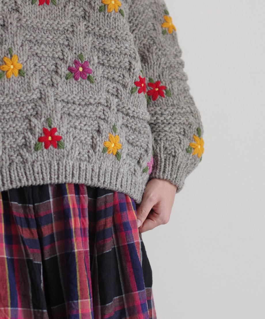 Hand Knit Flower Sweater Grey