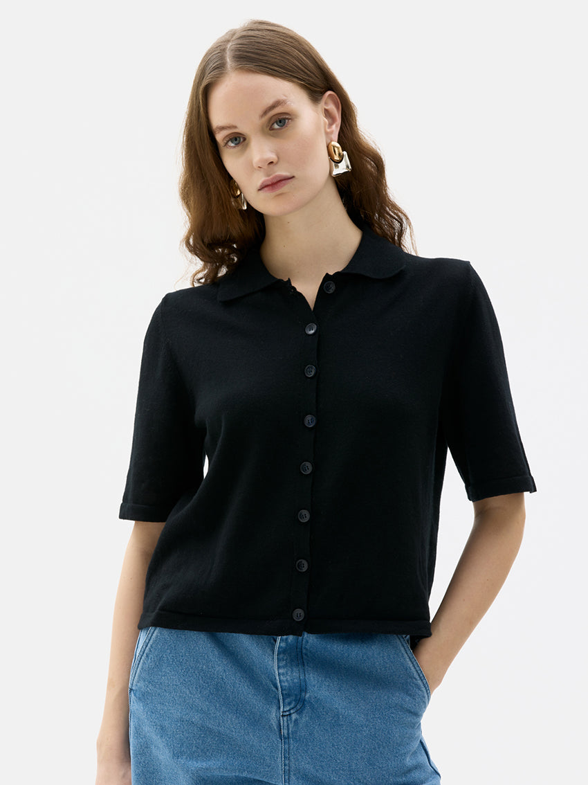 Lovo Fine Knitted Buttoned T-Shirt Black