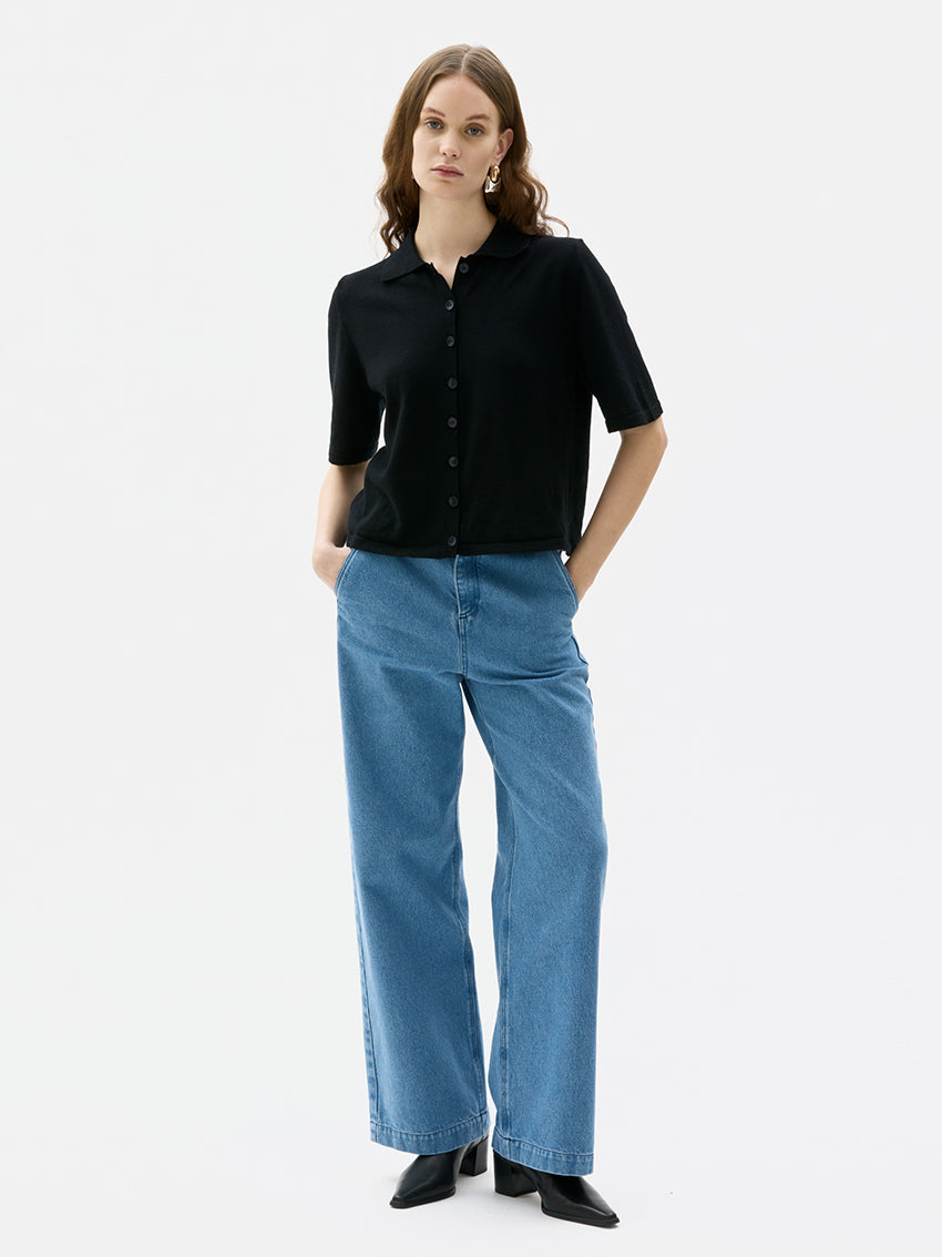 Lovo Fine Knitted Buttoned T-Shirt Black