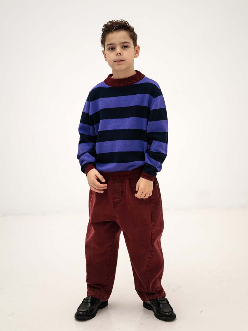 Knit Crew Sweater Orchid Blue Block Stripe