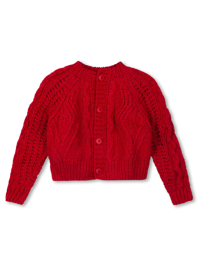 Mini Aran Knit Cardigan Ink Red