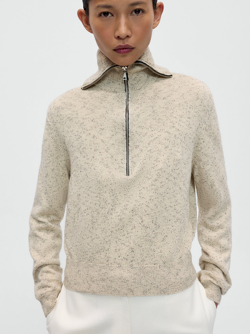 Flecked Cotton Zip-Up Sweater Natural