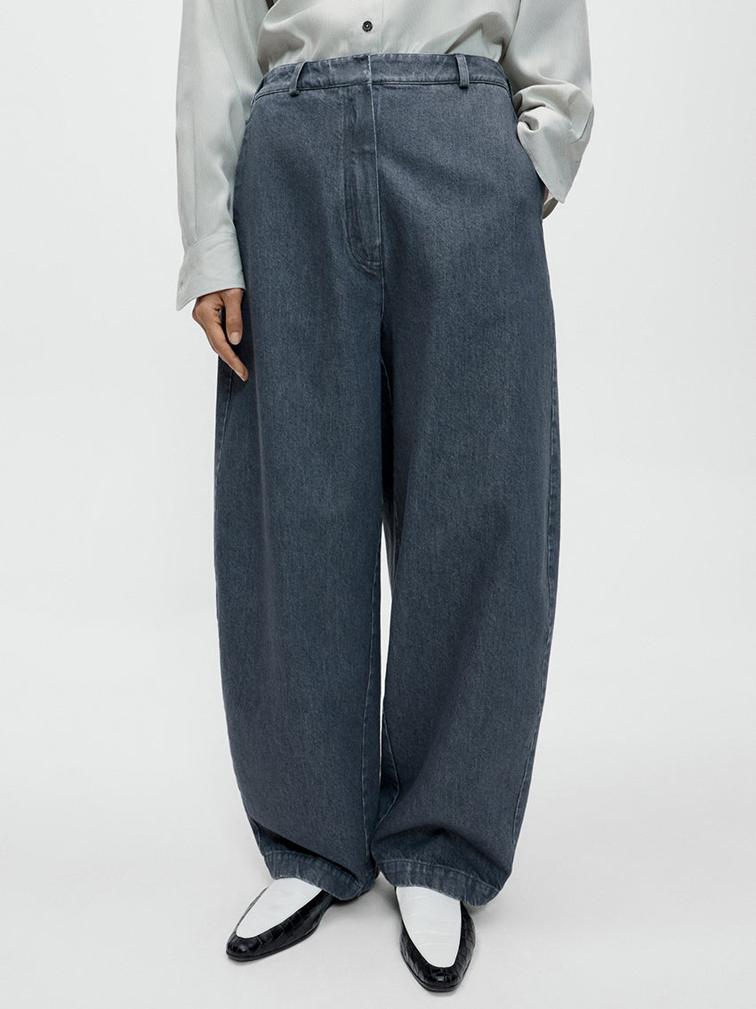 Washed Denim Curved Pants Grey