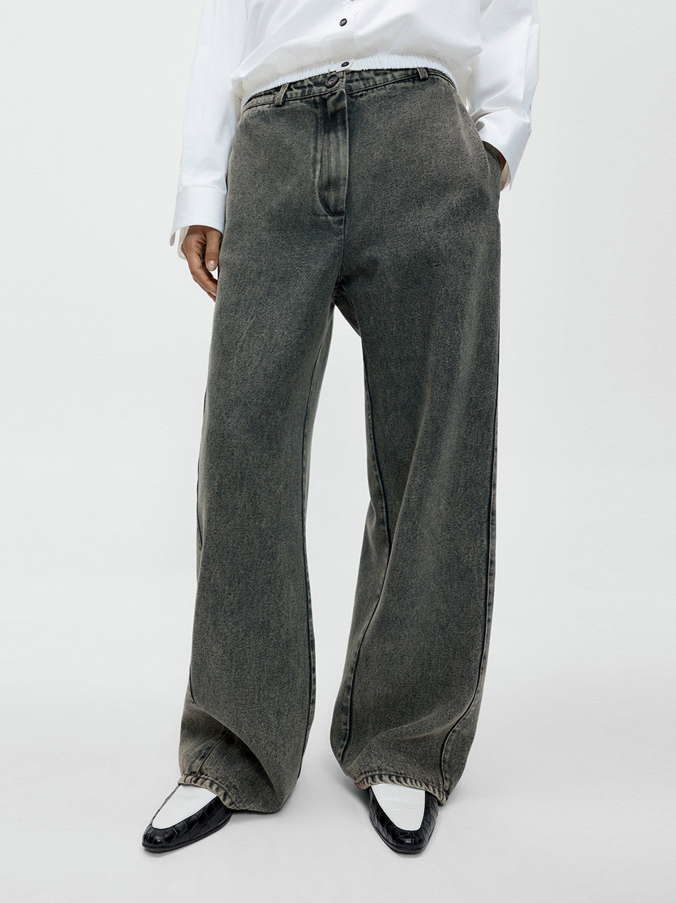 Washed Denim Straight Pants Grey
