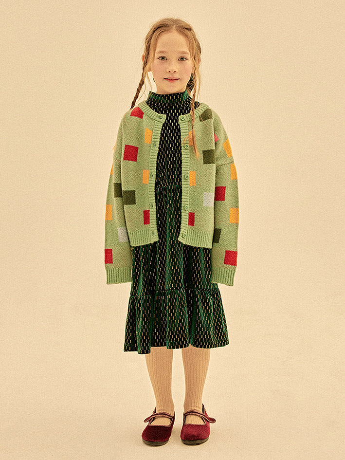 Square Block Cardigan Green