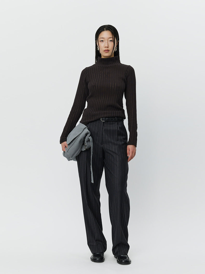 Mock Neck Top Dark Brown Ajour Stripe