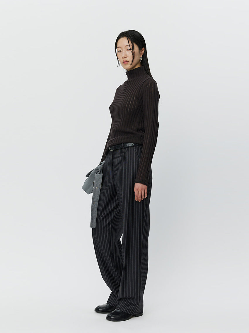 Mock Neck Top Dark Brown Ajour Stripe