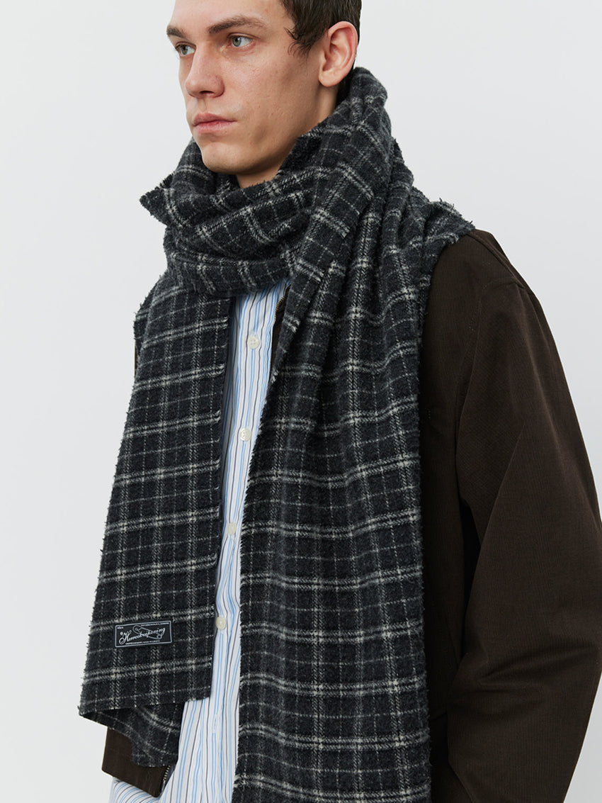 Wool Scarf Dark Grey Check Fuzz