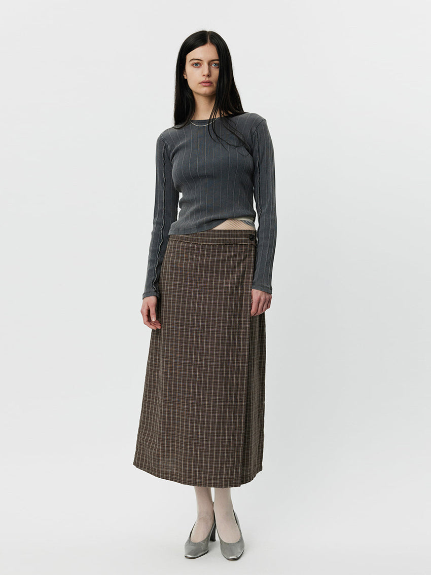 Classic Wrap Skirt Brown Linen Check
