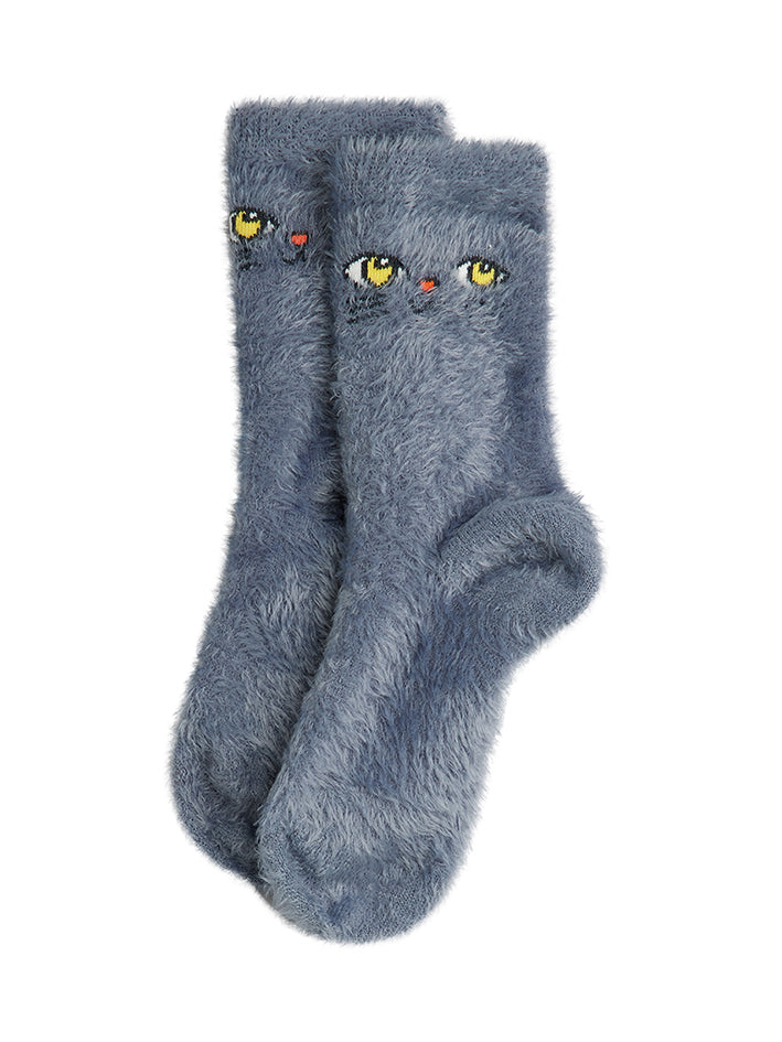 Cat Face Fluffy Sock Grey